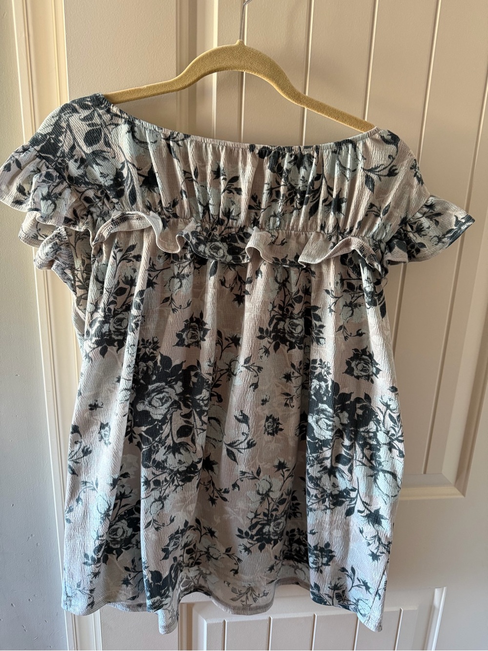 LuLaRoe Off-Shoulder Floral Ruffle Women's Top - Black on Cream